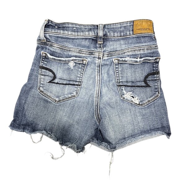 American Eagle Hi Rise Shortie Distressed Jean Shorts Size 0 Next Level Stretch - Picture 2 of 7